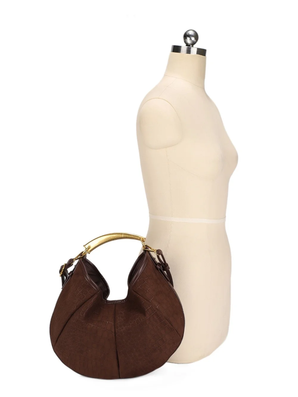 Black Croc-Embossed Suede Hobo Bag with Gold Handle